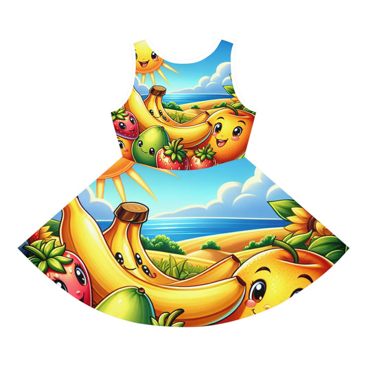 Lulu Vanworth Girls Summer Sundress With Cheerful Fruit Print And Vibrant Landscape Design showcasing bright banana and mango graphics that celebrate summer joy.