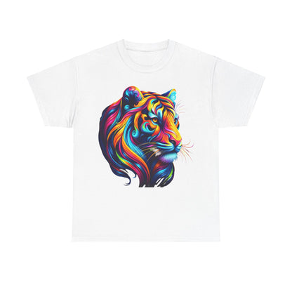 Tiger's Whimsy Graphic Unisex T-Shirt in pristine white featuring intricate tiger artwork with a vibrant artisan design, blending elegance and creativity.