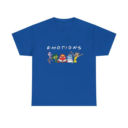 Inside Out Friends Humorous Graphic Unisex Tee Shirt in royal blue featuring vibrant emotions characters: Joy, Sadness, Anger, Fear, and Disgust.