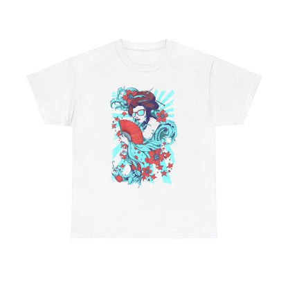 Men's T-Shirt featuring a bold pop art geisha design in vibrant colours, with a turquoise and red palette set on a soft white background, offering a modern fusion of traditional elegance.