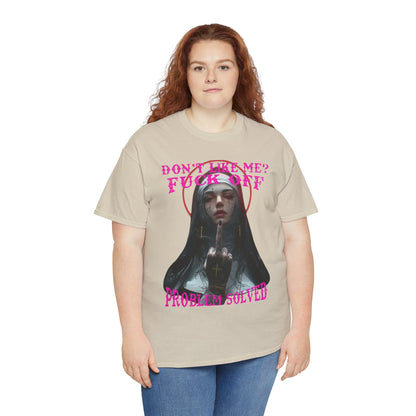 Confident female model wearing a cream-coloured T-shirt adorned with provocative Gothic art and bold pink statements, ideal for those embracing individuality.