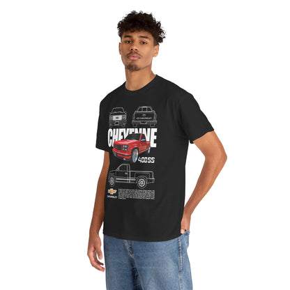 Stylish Chevrolet Cheyenne Men's T-Shirt featuring bold graphic design, showcasing a dynamic red pickup truck illustration and iconic line drawings of Chevrolet models against a sophisticated black backdrop.