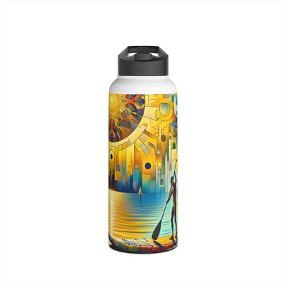 Fantasy Paddleboarding Stainless Steel Water Bottle showcasing vibrant artwork of a paddleboarder on a serene lake, perfect for stylish hydration during outdoor adventures.