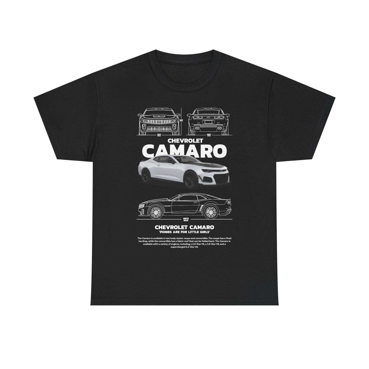 Men's high-end Chevrolet Camaro technical drawing t-shirt in black, featuring a striking design and playful text, perfect for car enthusiasts.