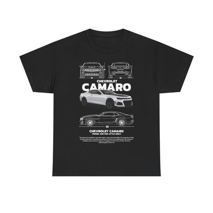 Men's high-end Chevrolet Camaro technical drawing t-shirt in black, featuring a striking design and playful text, perfect for car enthusiasts.