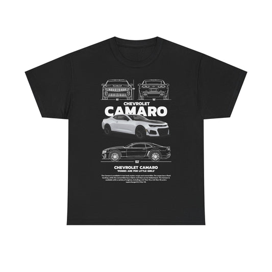 Men's high-end Chevrolet Camaro technical drawing t-shirt in black, featuring a striking design and playful text, perfect for car enthusiasts.