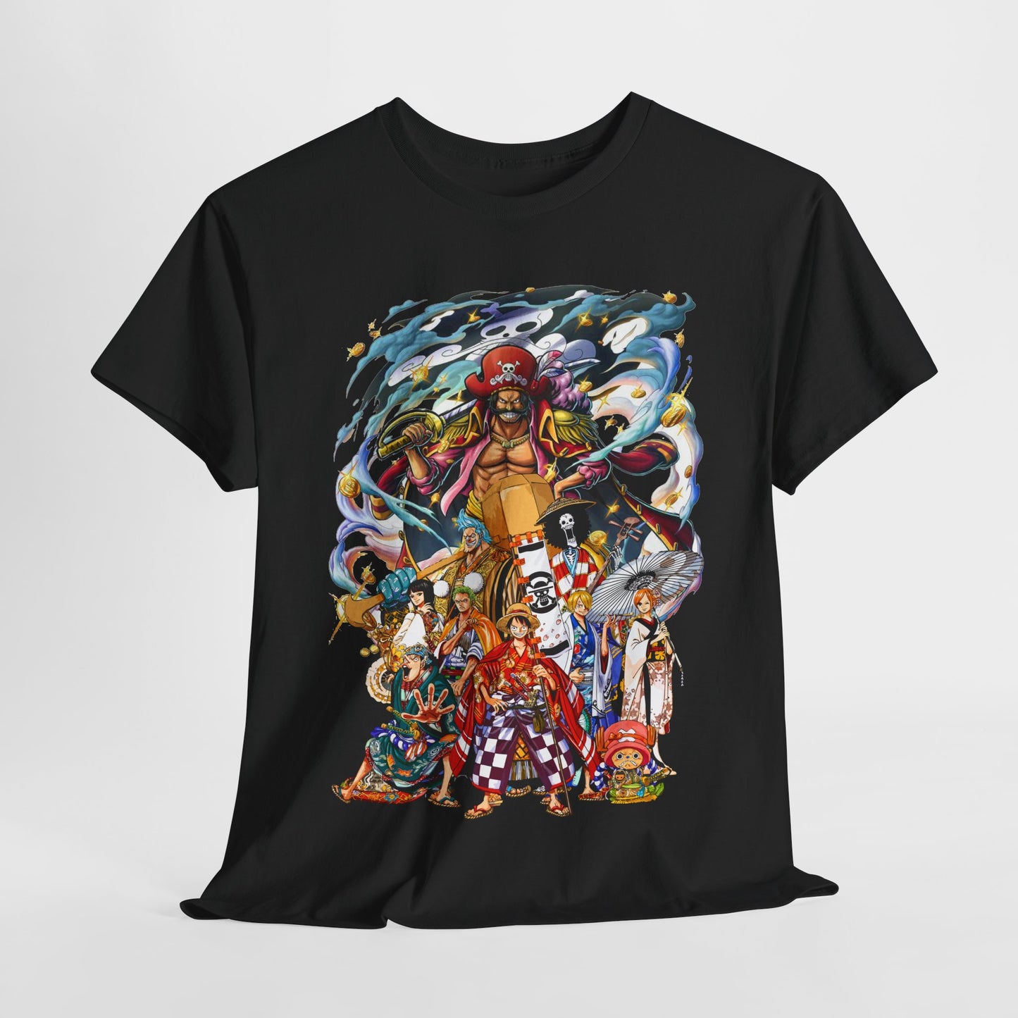 Luxurious Epic 1 Piece Adventure Men's T-Shirt in black featuring a vibrant graphic of anime characters, perfect for stylish anime enthusiasts.