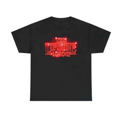 Elegant unisex black tee showcasing striking red neon lettering of 'THE UPSIDE DOWN', ideal for fans of iconic science fiction narratives.