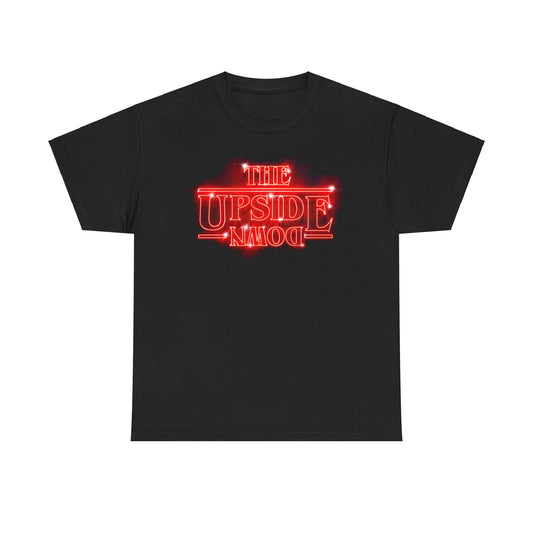 Elegant unisex black tee showcasing striking red neon lettering of 'THE UPSIDE DOWN', ideal for fans of iconic science fiction narratives.