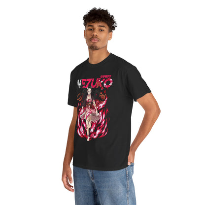 Elegant black t-shirt featuring a dynamic Nezuko Kamado graphic, designed for anime enthusiasts.