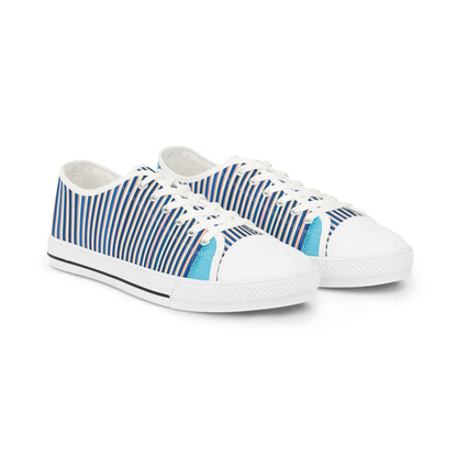 Dazzling Dreams Bolt Striker Men's Lowtop Sneakers featuring a vibrant blue base with pastel pink pinstripes, embodying a minimalist yet luxurious design, perfect for enhancing any modern man's wardrobe.
