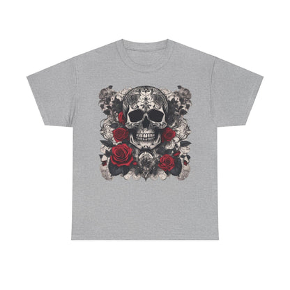 Skulls and Roses Cotton Tee, Unisex Graphic Shirt, presented in a classic grey colour, featuring an intricate skull and floral design.