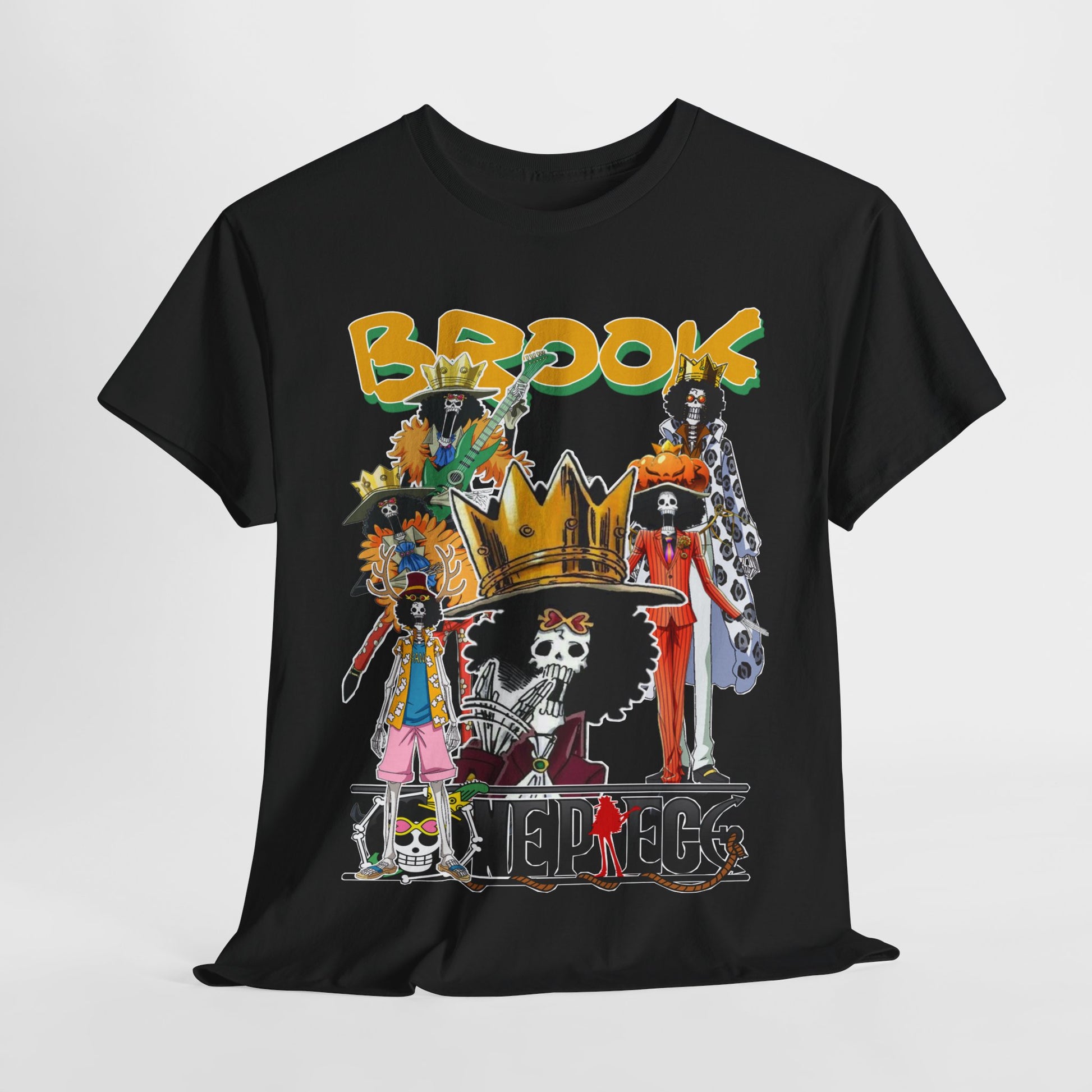 Close-up shot of a black t-shirt adorned with intricate Brook character art, highlighting the vibrant colours and detailed illustrations suitable for anime aficionados.