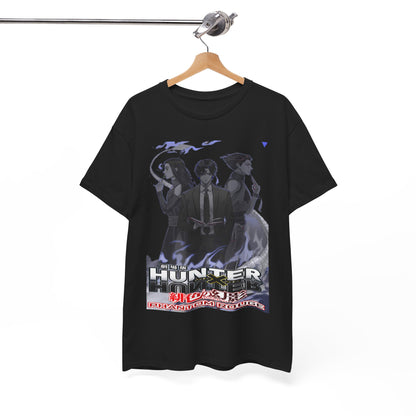 Stylish Hunter x Hunter Phantom Rouge T-shirt hanging elegantly, showcasing iconic characters and sophisticated graphics in black, a must-have for true fans.
