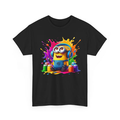 Luxurious black T-shirt featuring a vibrant, artistic Minion character amidst a colourful paint splash, evoking creativity and joy.