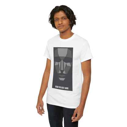 A model wearing a luxurious white graphic tee featuring a sleek geometric face design and 'BEGIN THE NEXT GAME', embodying contemporary urban fashion.