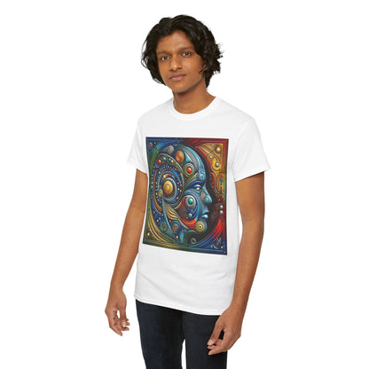Stylish Stained Glass Dreams Unisex T-Shirt worn by a model, showcasing vibrant abstract design and intricate details inspired by Art Deco, perfect for trendy art lovers.