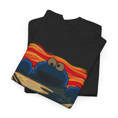 Stylish folded Cookie Monster Scream Unisex Men Women Graphic Funny T-Shirt showcasing an artistic blend of pop culture with a humorous twist, ideal for casual outings.