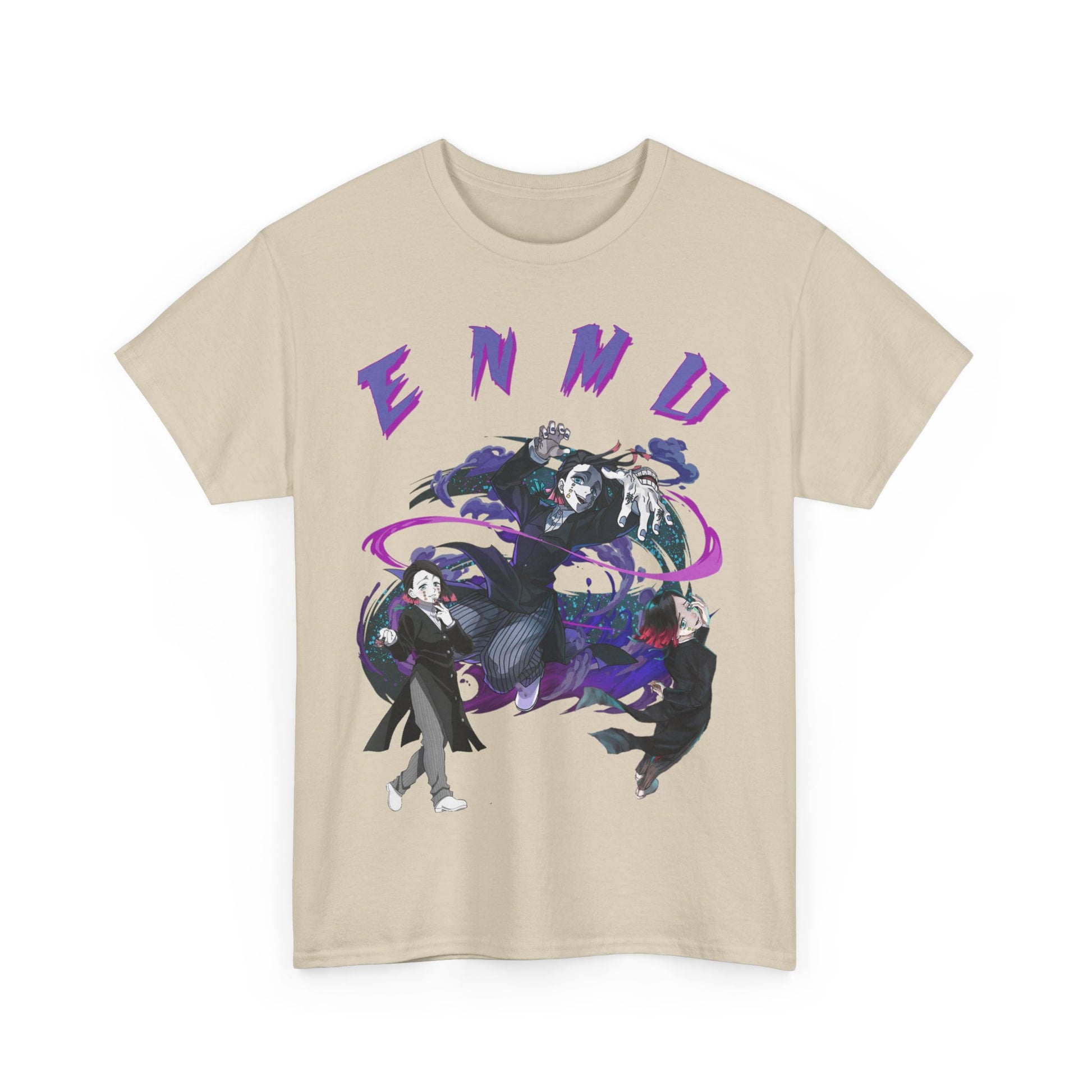 Front view of a premium Enmu-inspired T-shirt featuring vibrant colours and intricate anime artwork, ideal for stylish anime enthusiasts.
