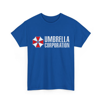 Front view of the Umbrella Corporation Graphic Unisex Tee Shirt in vibrant blue, prominently displaying the iconic red and white logo, a stylish choice for avid fans.