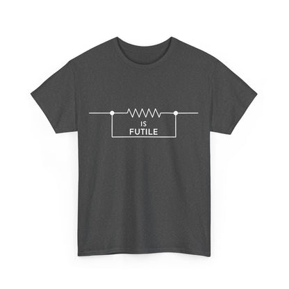 Front view of the 'Resistance is Futile Borg Star Trek Graphic Tee Shirt' showcasing a premium graphic design with resistor symbol and the words 'IS FUTILE'.