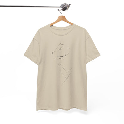 Luxurious unisex graphic t-shirt elegantly displayed on a wooden hanger, featuring a minimalist ink sketch design of an animal profile, ideal for stylish urban wear.