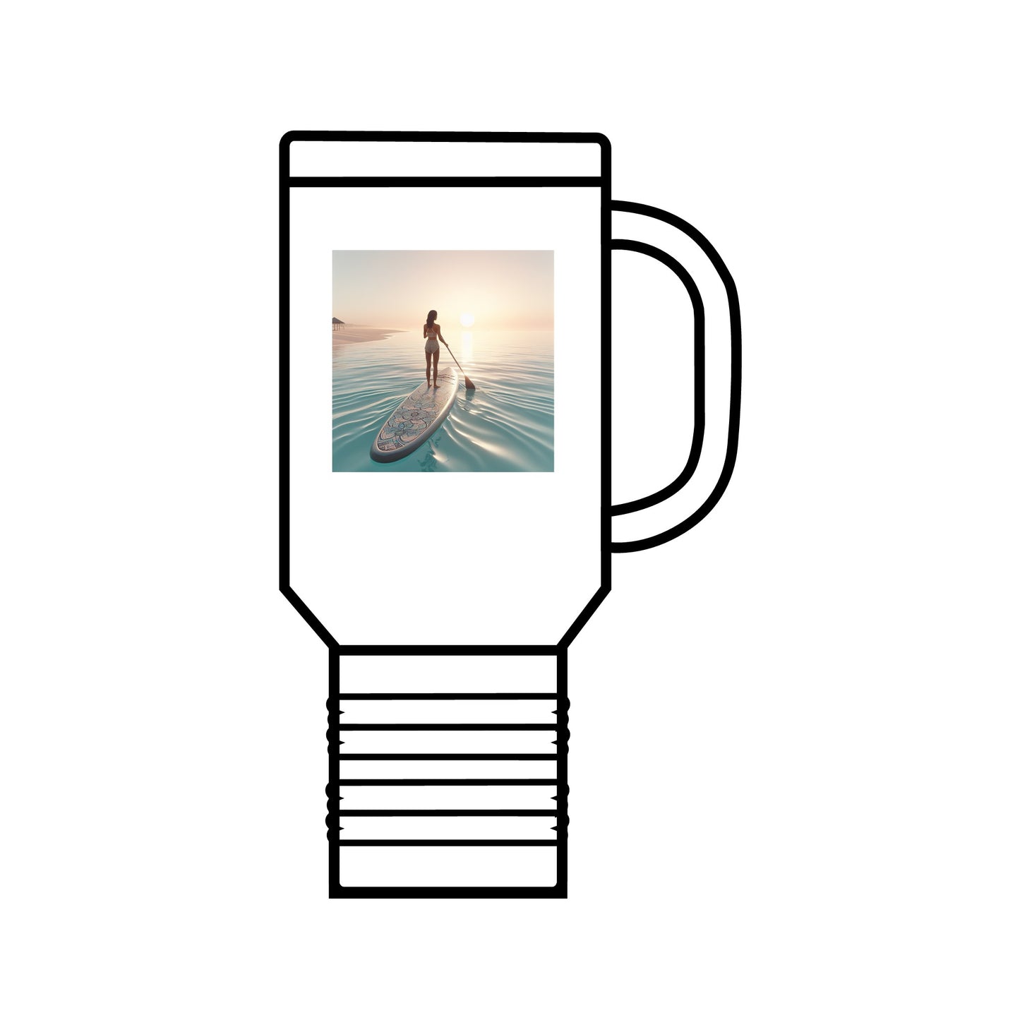 Fantasy Paddleboarding 40oz Insulated Travel Mug featuring a serene paddleboarding scene, perfect for adventure lovers seeking stylish hydration on the go.