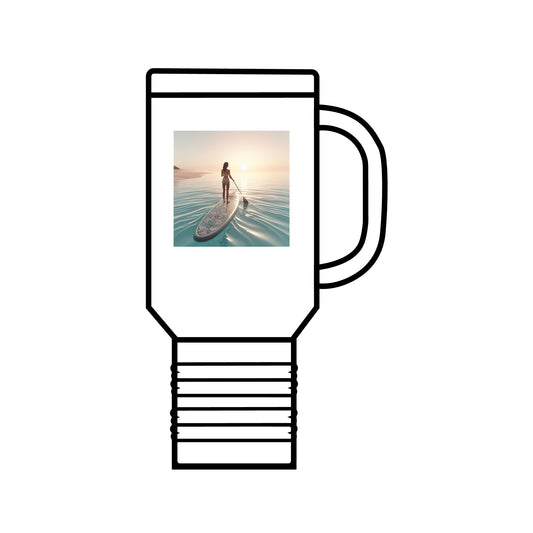 Fantasy Paddleboarding 40oz Insulated Travel Mug featuring a serene paddleboarding scene, perfect for adventure lovers seeking stylish hydration on the go.