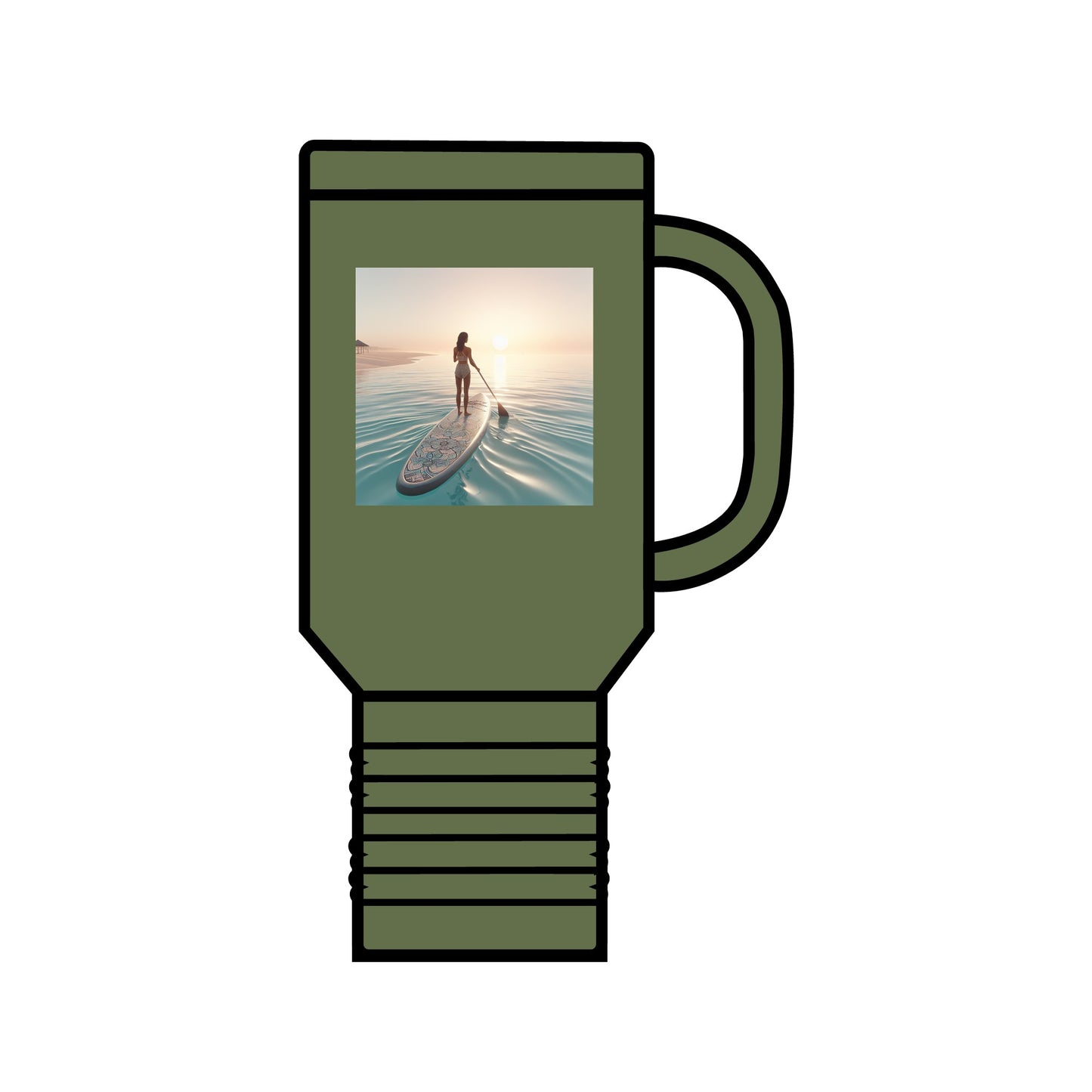 Fantasy Paddleboarding 40oz Insulated Travel Mug in olive green, displaying sophisticated paddleboarding imagery, perfect for stylish hydration.