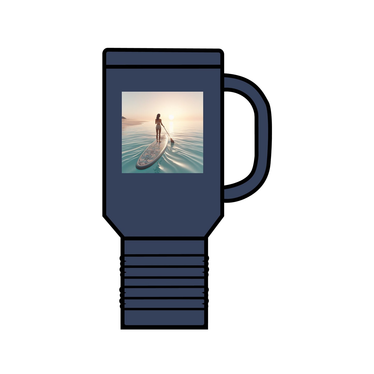 Fantasy Paddleboarding 40oz Insulated Travel Mug in navy, showcasing an elegant paddleboarder design, ideal for premium beverage experiences.