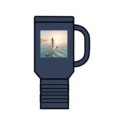 Fantasy Paddleboarding 40oz Insulated Travel Mug in navy, showcasing an elegant paddleboarder design, ideal for premium beverage experiences.