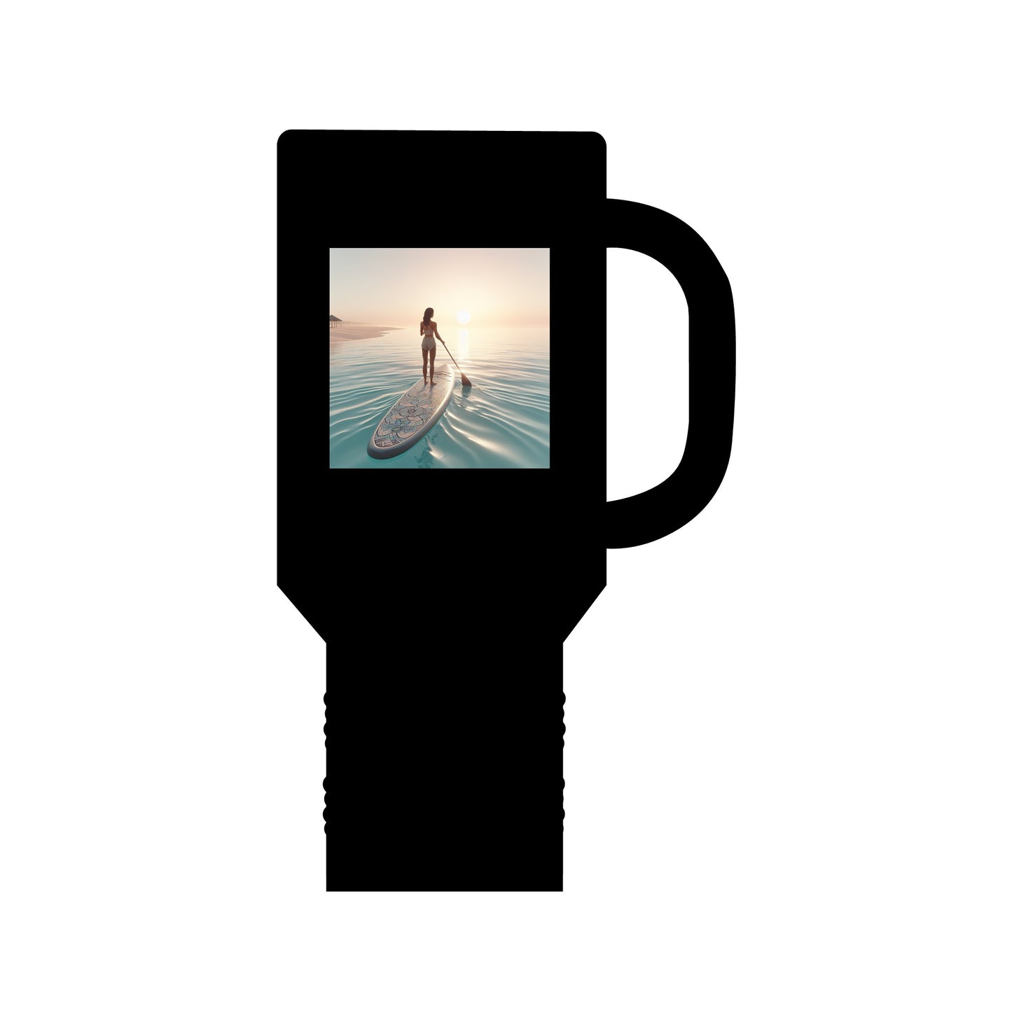 Fantasy Paddleboarding 40oz Insulated Travel Mug in black, featuring a chic paddleboarder illustration, combining luxury and functionality.