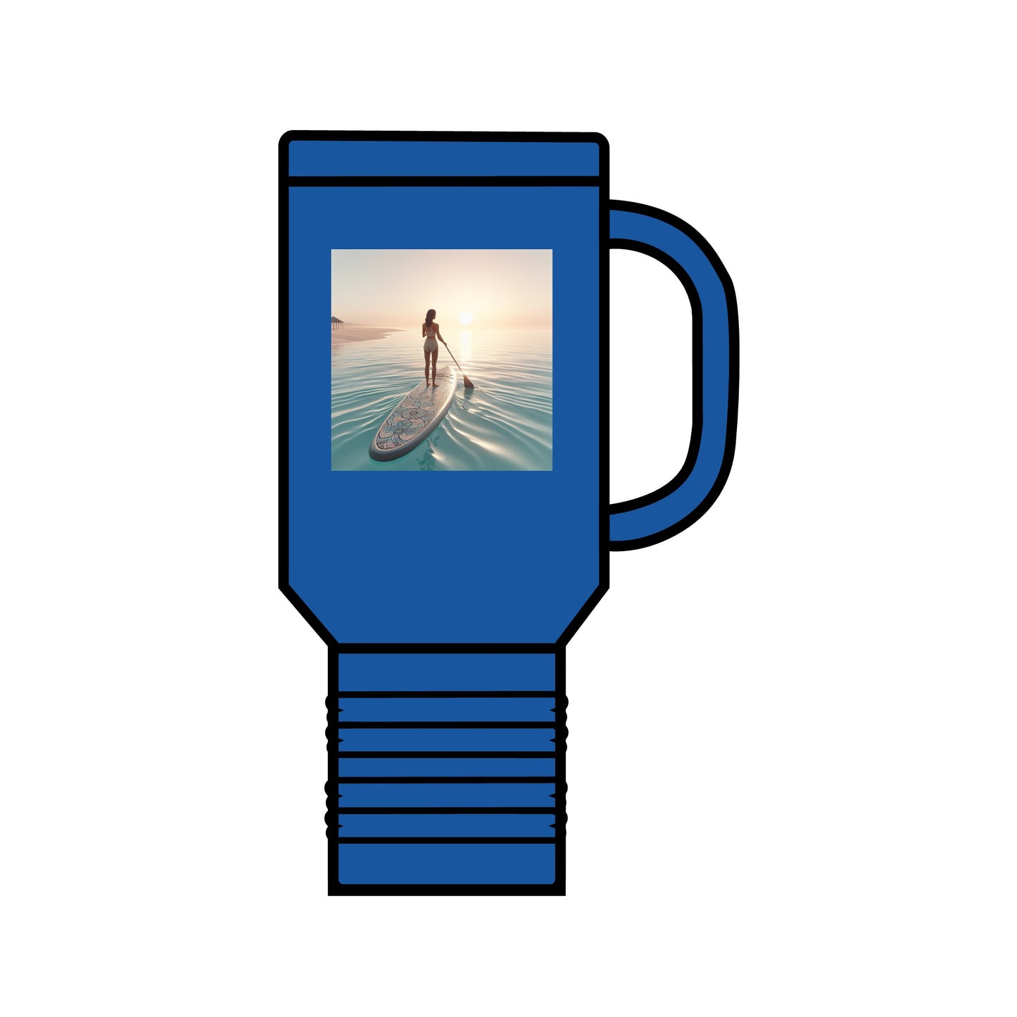 Fantasy Paddleboarding 40oz Insulated Travel Mug in blue colour featuring a serene paddleboarding scene, designed for adventure and luxury hydration.