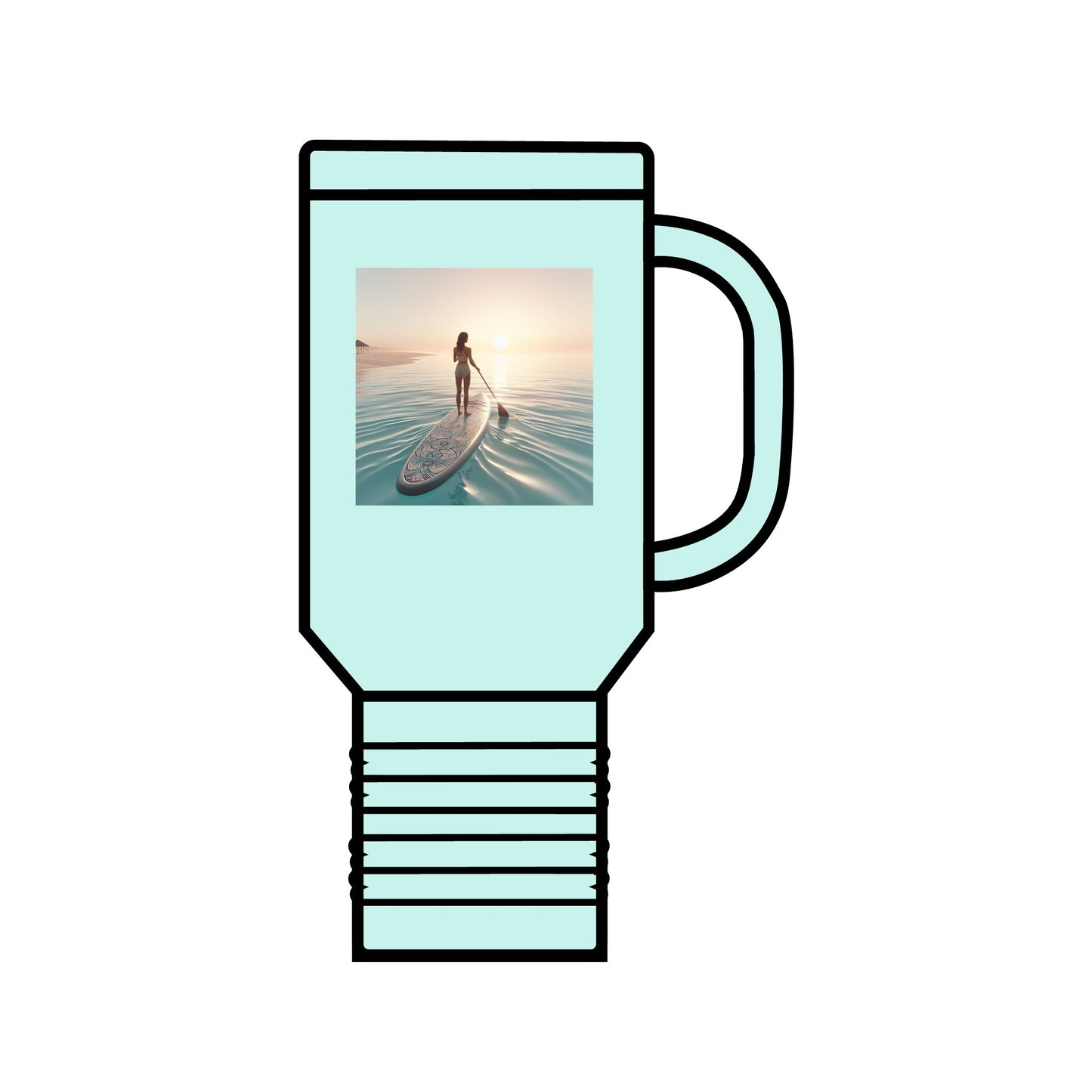 Fantasy Paddleboarding 40oz Insulated Travel Mug in mint colour showcasing a tranquil paddleboarding image, perfect for those who appreciate stylish outdoor gear.