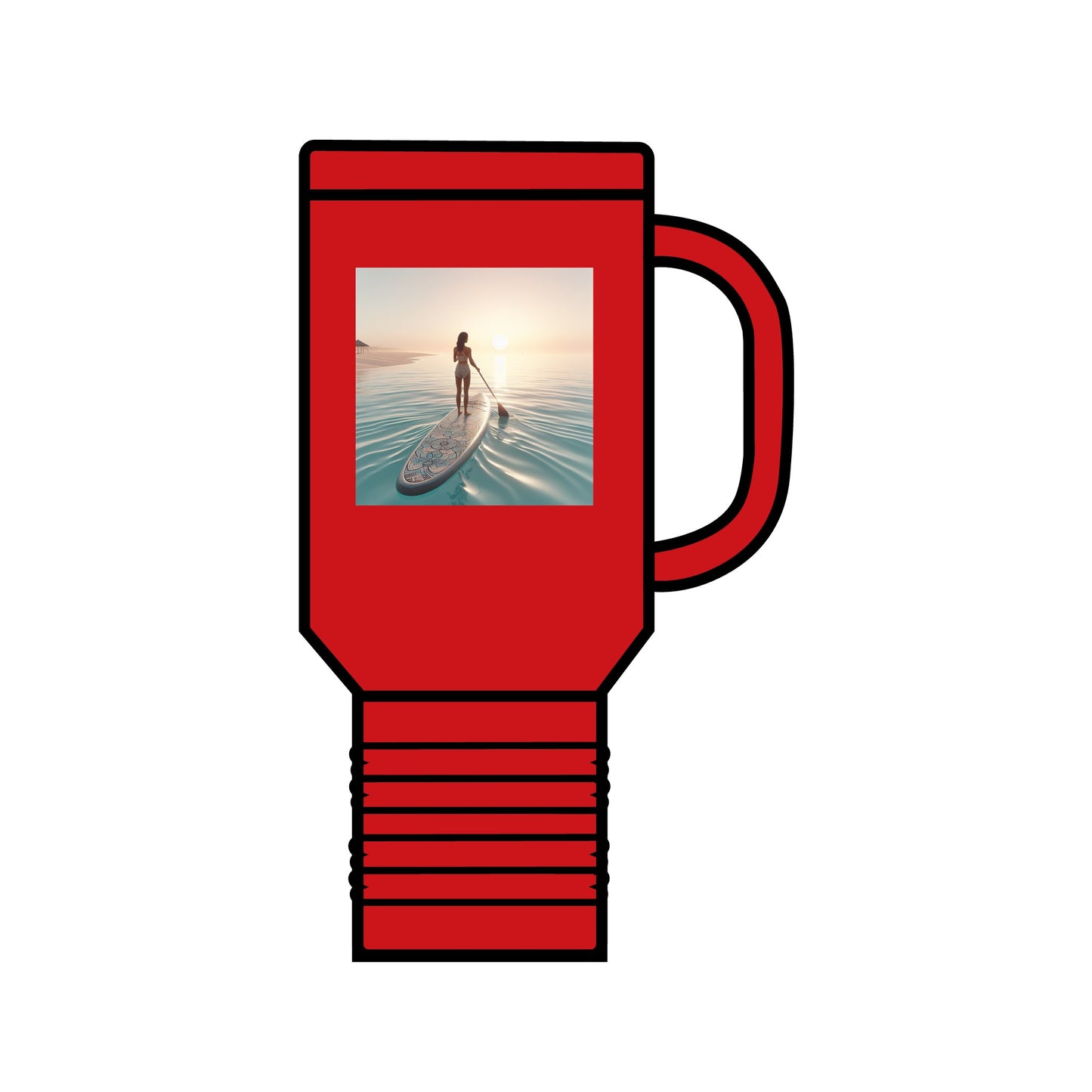 Fantasy Paddleboarding 40oz Insulated Travel Mug in red, with a beautiful paddleboarding scene, embodying adventure in luxury hydration.