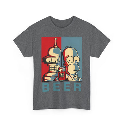 Bender and Homer Beer Poster Graphic T-Shirt Urban Unisex Cotton Tee presented against a minimalist backdrop, featuring a stylish design perfect for contemporary fashion enthusiasts.