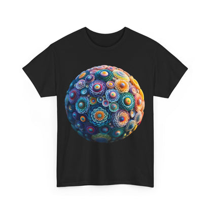 Front view of the Iridescent Floral Sphere Unisex Cotton Tee Graphic T Shirt, showcasing a stunning iridescent floral sphere design that elevates casual style.
