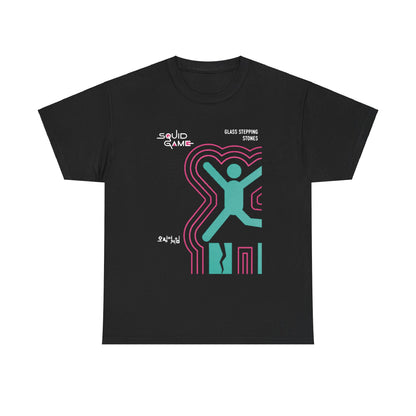 Sleek unisex black t-shirt with a modern Squid Game graphic, illustrating the 'Glass Stepping Stones' concept in striking turquoise and pink, ideal for trendsetters seeking distinctive style.