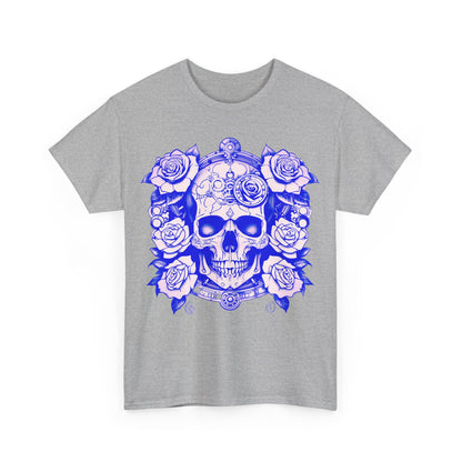 Skulls and Roses Cotton Tee in a luxurious grey fabric, featuring an intricate steampunk-inspired design with skulls and roses, perfect for alternative fashion enthusiasts.