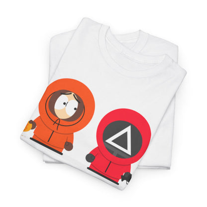 Folded Squid Game South Park Unisex Men’s Women’s Graphic Cotton Funny T-Shirt Tee showcasing a unique blend of two popular shows with a vibrant and fun illustration.