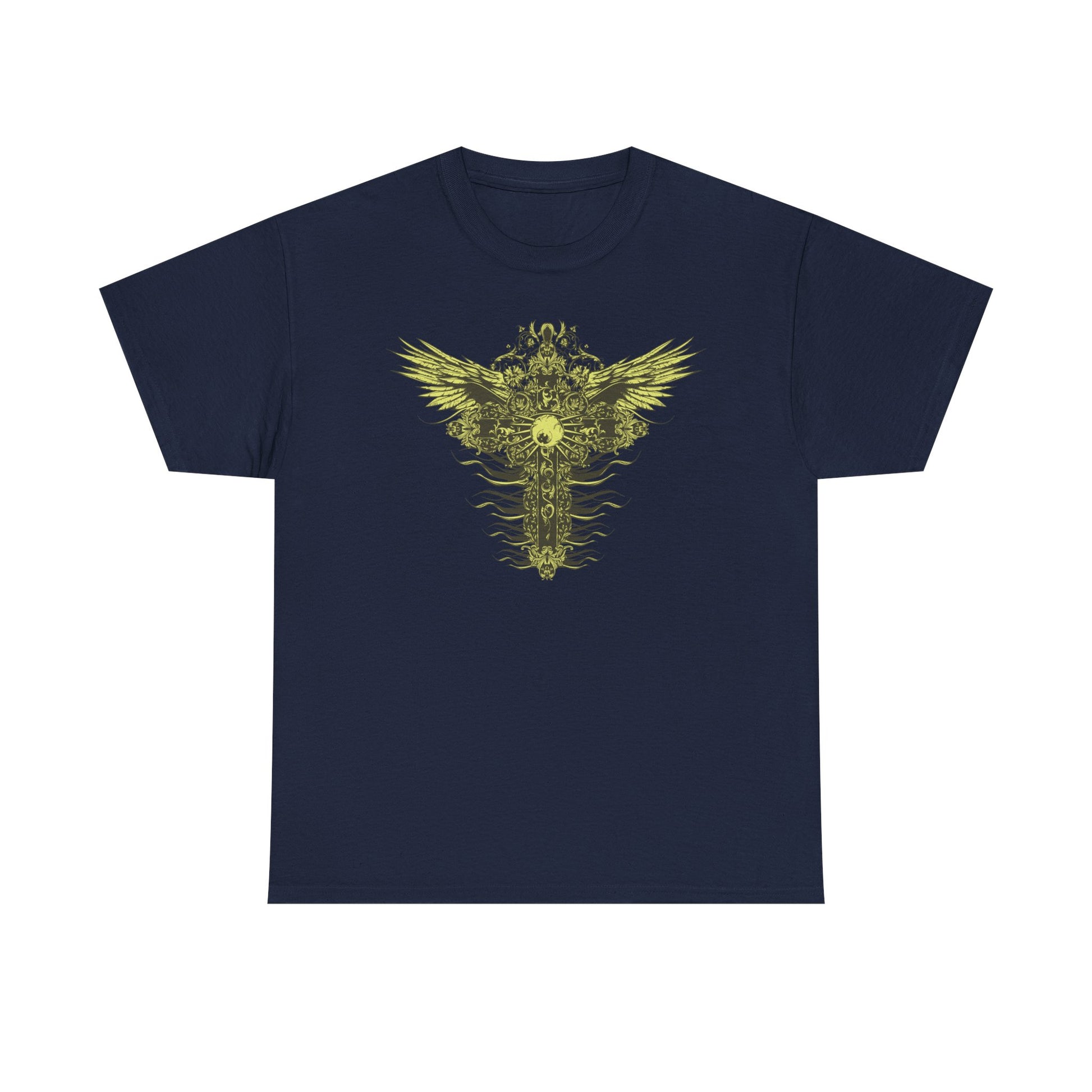 Luxurious navy blue men's t-shirt featuring a stunning decorative cross and exquisitely stylized wings in luminous yellow-gold, perfect for making a bold fashion statement.