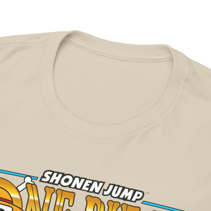 Close-up view of the neckline of a premium quality beige t-shirt with intricate anime artwork, symbolising comfort and luxury in casual wear.