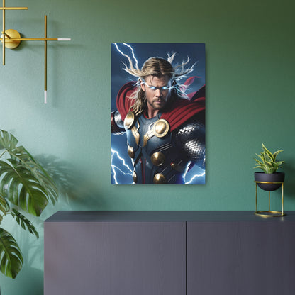 Marvel Thor Metal Art Poster on a tasteful green wall, highlighting the powerful image of Thor surrounded by electric blue lightning, ideal for luxury décor.
