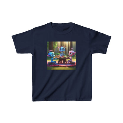 Kids Adorable Cute Aliens Heavy Cotton Tee featuring vibrant alien characters enjoying a picnic, perfect for adventurous young fashion enthusiasts.