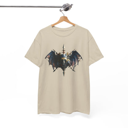 Luxurious unisex graphic t-shirt featuring a striking dark mythology design, depicting a wretched warlord with large wings and a spear-like trident, displayed on a natural fabric backdrop.