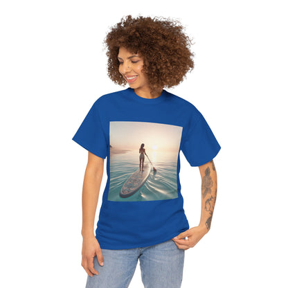 Model showcasing the perfect fit of Dazzling Dreams Paddle Board T-Shirt during an outdoor adventure, epitomising luxury lifestyle by Dazzling Dreams Studio.