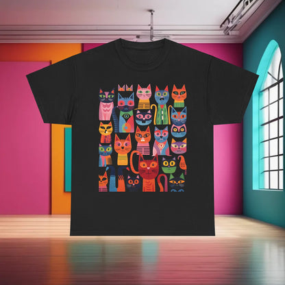 Purrfection Graphic T-Shirt Urban Unisex Cotton Tee presented in a sleek black colour, adorned with artistic, multicoloured cat graphics, ideal for stylish casual wear.