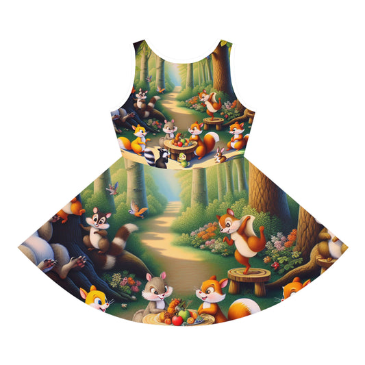 Sienna Sparrow Girls Woodland Animal Sundress showcasing whimsical woodland animal prints in a colourful outdoor scene, perfect for summer adventures.