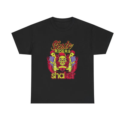 Men's Skull Cap Graphic T-Shirt with Colorful Floral and Punk - Skate Riders showcasing captivating graphics of expressive characters beside a striking skull.