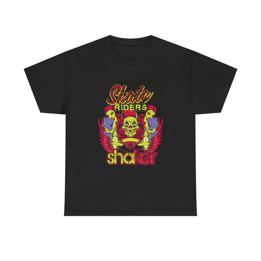 Men's Skull Cap Graphic T-Shirt with Colorful Floral and Punk - Skate Riders showcasing captivating graphics of expressive characters beside a striking skull.